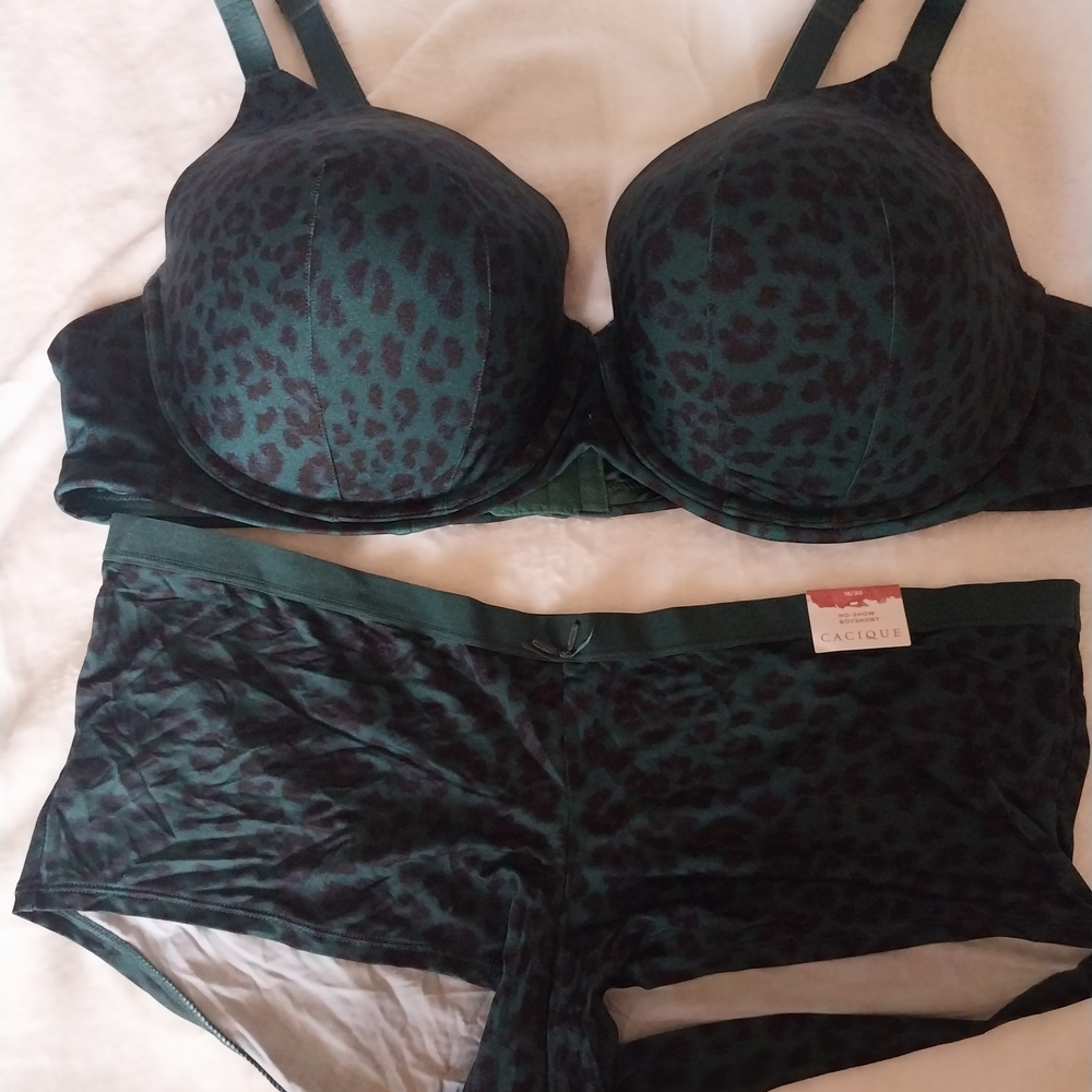Cacique Dark Teal Leopard T-Shirt Bra & Boyshort Set